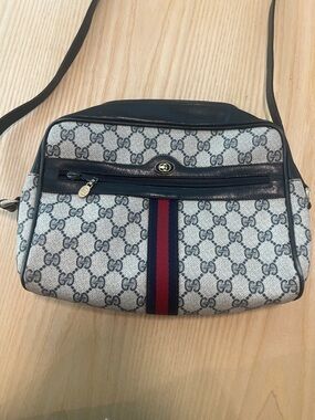 Gucci blue Monogram GG Canvas Crossbody with Navy and Red Stripe